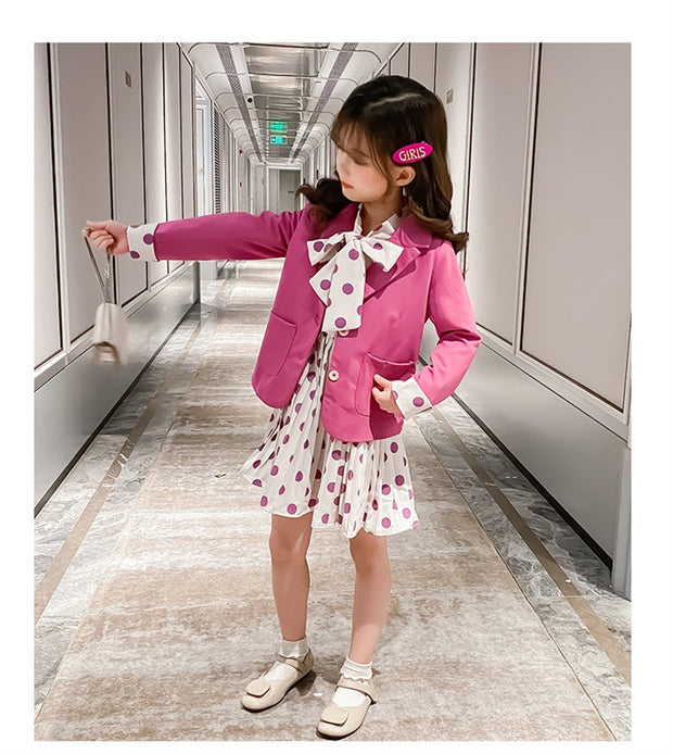 New Children's Clothing Girls Baby Clothes Girls Casual Blazer Solid Color Dot Dress Cloth Set Suit