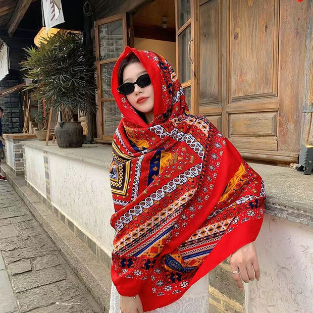 Women's Ethnic Style Shawl Sun Protection Twill Cotton Tassel Scarf