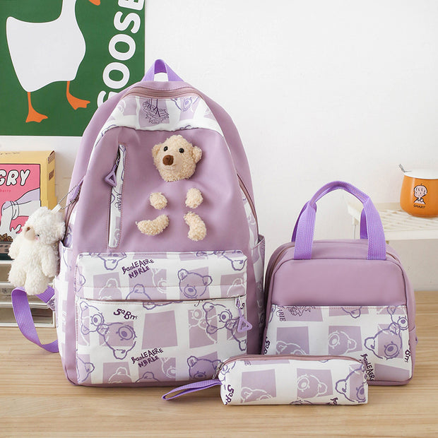 Elementary And Middle School Student Schoolbags Women's Cute Bear Lunch Box Three-piece Set