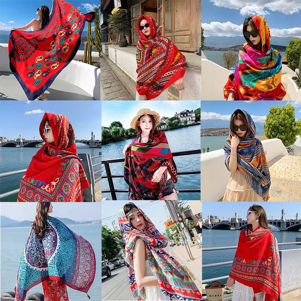 Women's Ethnic Style Shawl Sun Protection Twill Cotton Tassel Scarf