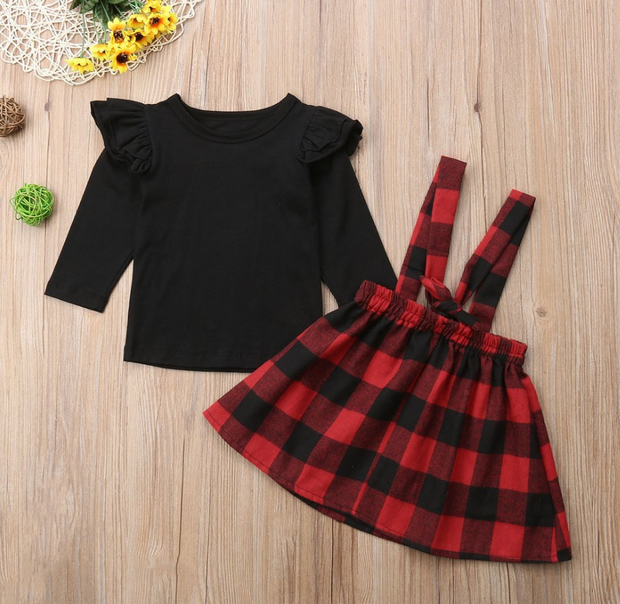 New girls black long-sleeved plaid strap dress two-piece set