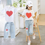 Girls White T-shirt Ripped Jeans Kids two-piece