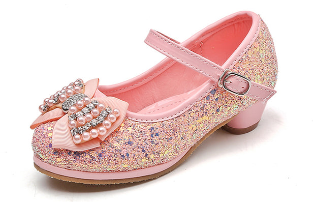 Children's bow high heel crystal shoes