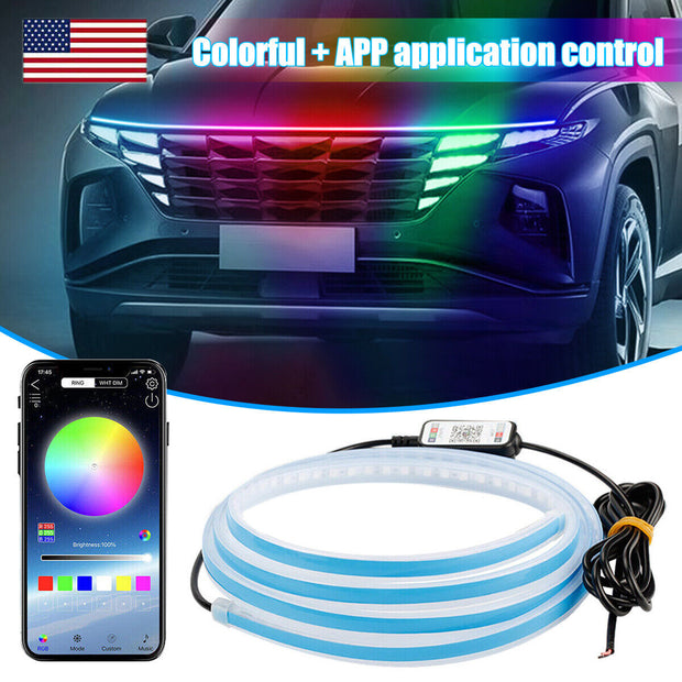 LED Daytime Running Light Strip Flexible Dynamic Car LED Hood Light APP Control.