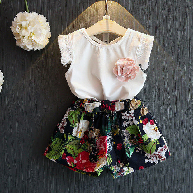 Children's summer  tassel short-sleeved T-shirt plus floral shorts 2-piece suit shorts