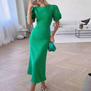 Lantern Sleeve Waist Trimming Fashion Slim Long Dress