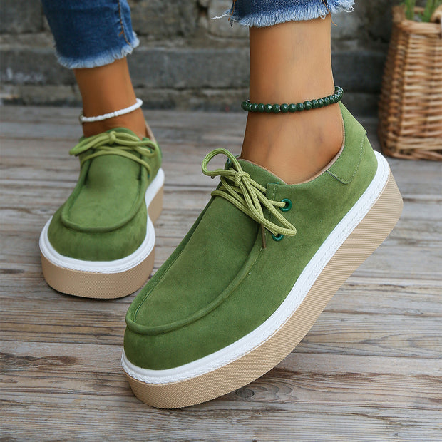 New Thick Bottom Lace-up Flats Women Solid Color Casual Fashion Lightweight Walking Sports Shoes