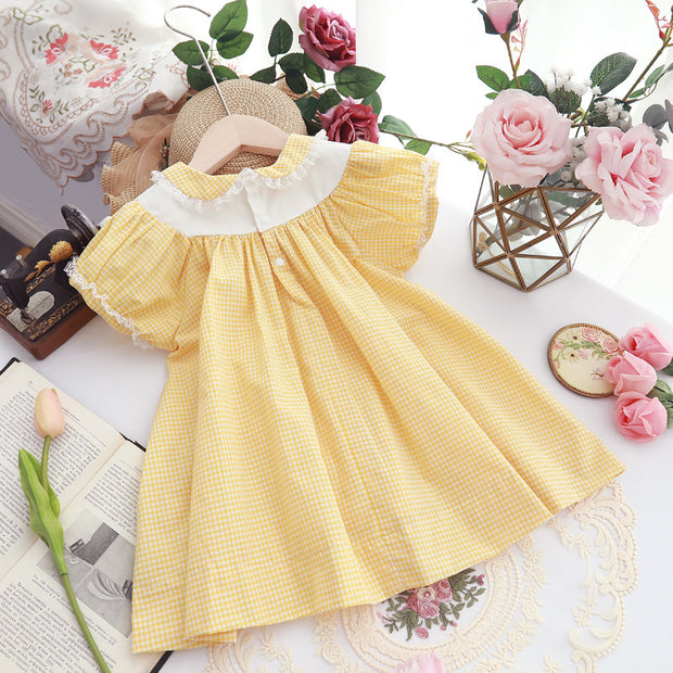 Fashion Kids Yellow Plaid Embroidery Retro