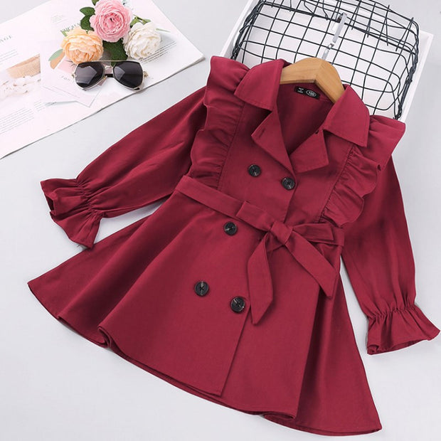 Girls' Trench Coat With Solid Double-Breasted Jacket