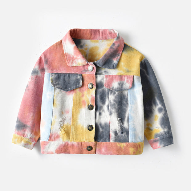 Children's Multicolor Tie-Dyed Denim Jacket With Lapels And Long Sleeves