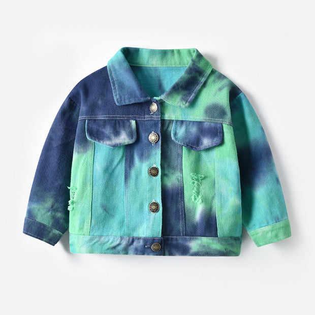 Children's Multicolor Tie-Dyed Denim Jacket With Lapels And Long Sleeves