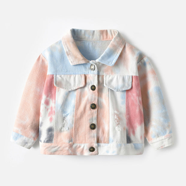 Children's Multicolor Tie-Dyed Denim Jacket With Lapels And Long Sleeves