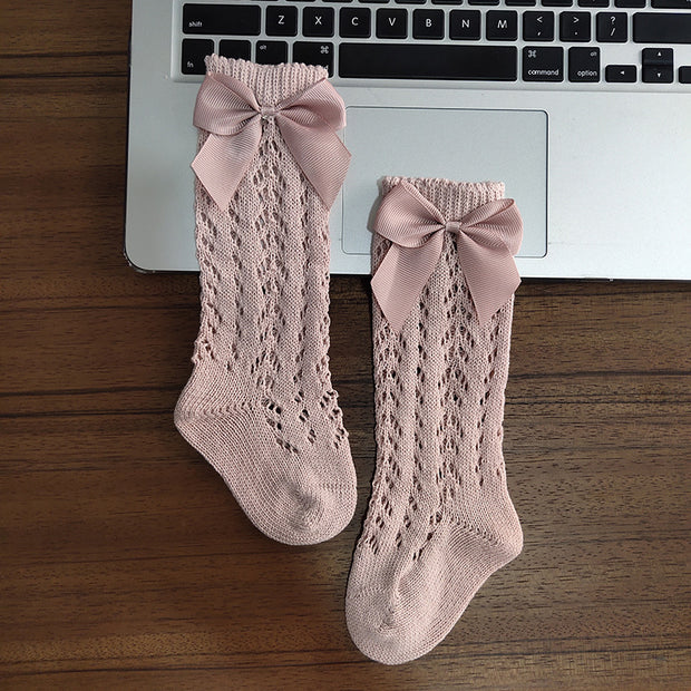 Cute Girls Knee High Socks Bows Cotton Breathable Soft Children Socks Hollow Out Non-slip Newborn Infant Long Socks