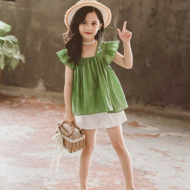 Girls Summer New Style Little Girl Fashionable Suit Children Western Style Short-Sleeved Children's Clothing Big Girl Two-Piece Trend