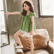 Girls Summer New Style Little Girl Fashionable Suit Children Western Style Short-Sleeved Children's Clothing Big Girl Two-Piece Trend