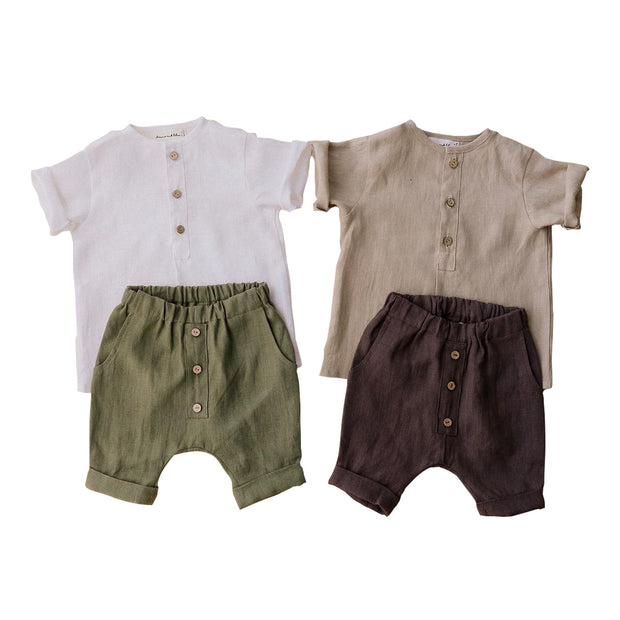 Summer Cotton And Linen Boy Khaki Gray Suit Solid Color Short-Sleeved Pants Suit Two-Piece Single-Breasted T-Shirt