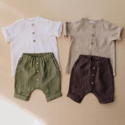 Summer Cotton And Linen Boy Khaki Gray Suit Solid Color Short-Sleeved Pants Suit Two-Piece Single-Breasted T-Shirt