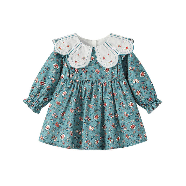 Peacock Blue Girl Floral Autumn Baby Girl Petal Collar Princess Dress Children's Clothing