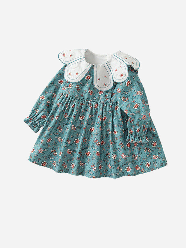 Peacock Blue Girl Floral Autumn Baby Girl Petal Collar Princess Dress Children's Clothing