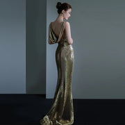 Fishtail Evening Dress For Women Elegant Sequins Annual Meeting Sexy Backless