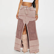 Washed Contrast Color Irregular Denim Skirt Frayed Pocket Slit