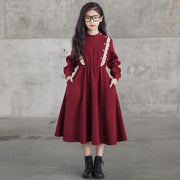 Girls' Dress With Standing Collar And Waist