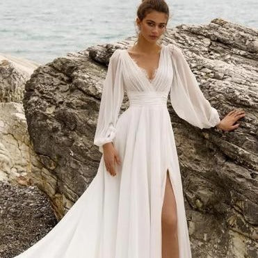 High Waist Plus Size Deep V Long Sleeve Mopping Backless Wedding Dress High Slit