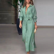 Women's Elegant Tied Solid Color Waisted Long-sleeved Shirt Dress