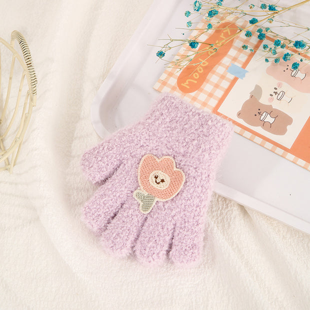 Children's Gloves Autumn And Winter New Warm Cold-proof Fleece Cute Cartoon Bear Five Fingers