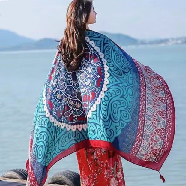 Women's Ethnic Style Shawl Sun Protection Twill Cotton Tassel Scarf