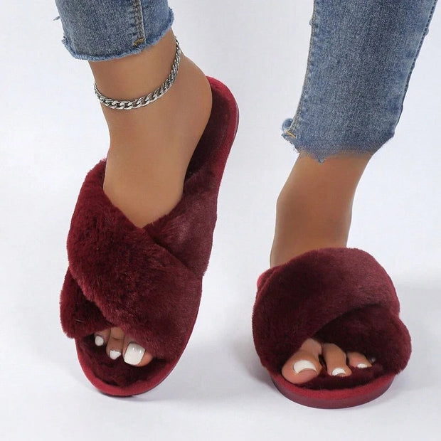 Women's Autumn And Winter Flat Home Indoor Floor Wool Plush Cotton Slippers