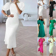 Lantern Sleeve Waist Trimming Fashion Slim Long Dress