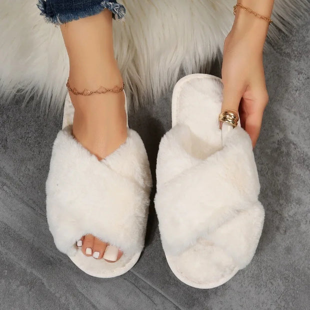 Women's Autumn And Winter Flat Home Indoor Floor Wool Plush Cotton Slippers