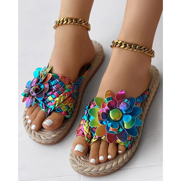 Women's Fashion Casual Shoes Flat Holiday Woven Printed Beach Flip Flops