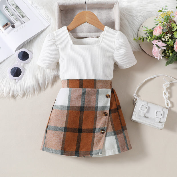 Rib Fabric Puff Short Sleeve Top Irregular Plaid Short Pantskirt Suit