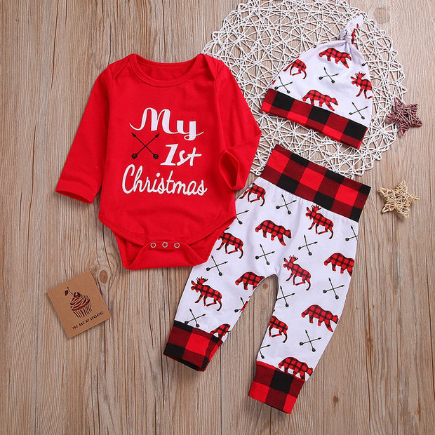 Christmas Long-sleeved Letter One-piece Romper Romper Three-piece Suit