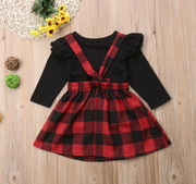 New girls black long-sleeved plaid strap dress two-piece set