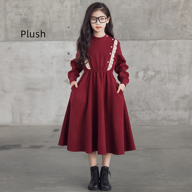 Girls' Dress With Standing Collar And Waist