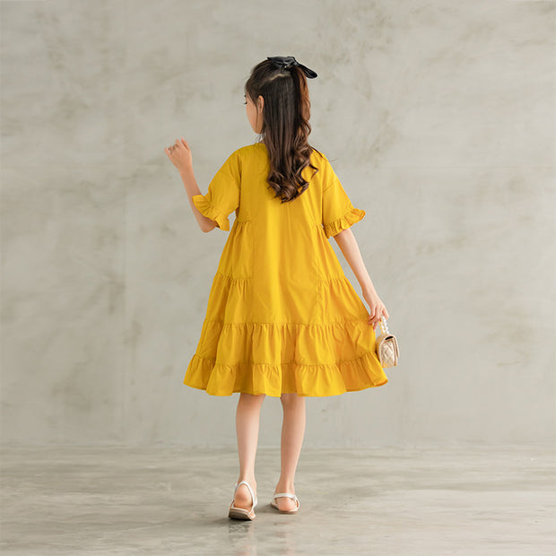 Children's Yellow Dress Solid Color Cute Sleeves