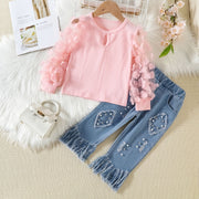 Girls Mesh Stitching Top Tassel Fur Trim Jeans Set