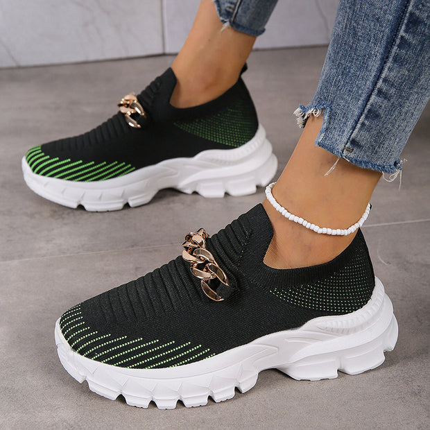 Fashion Chain Design Mesh Shoes For Women Breathable Casual Soft Sole Walking Sock Slip On Flat Shoes