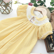 Fashion Kids Yellow Plaid Embroidery Retro