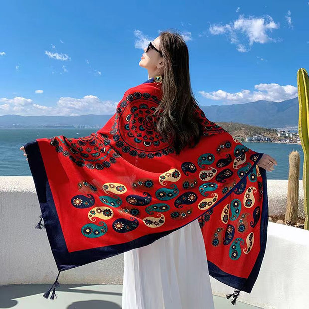 Women's Ethnic Style Shawl Sun Protection Twill Cotton Tassel Scarf