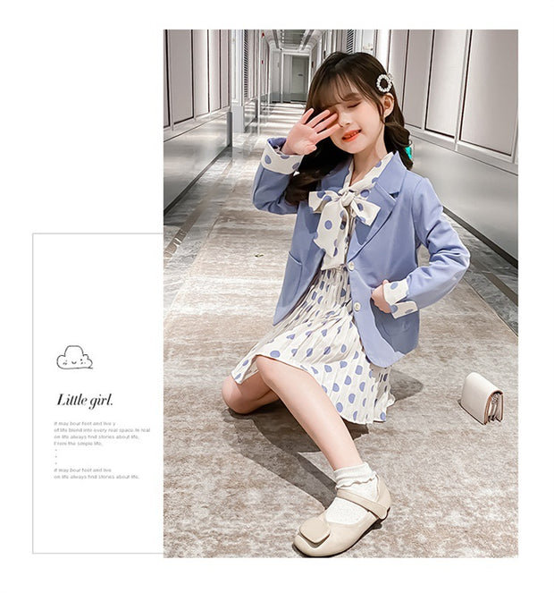 New Children's Clothing Girls Baby Clothes Girls Casual Blazer Solid Color Dot Dress Cloth Set Suit