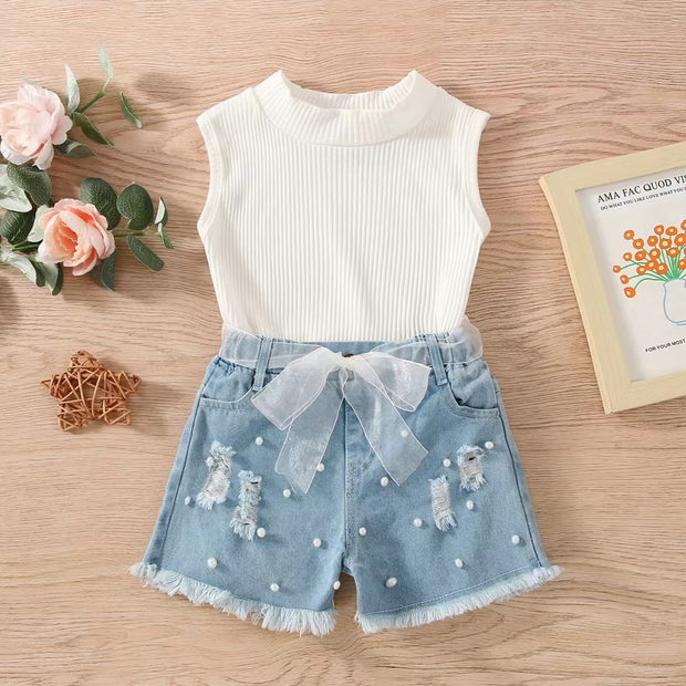 Sleeveless Pit Strip Childrens Suit Denim Shorts Twopiece Set