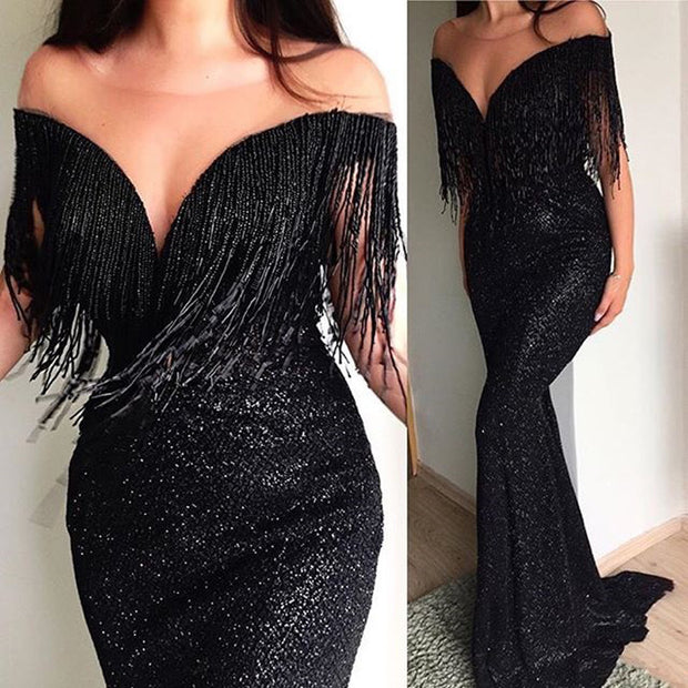 Explosion models sexy black sequins V-neck sleeveless slim dress long skirt