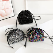 Crossbody Drawstring Pleated Design Soft Color Sequin Bag