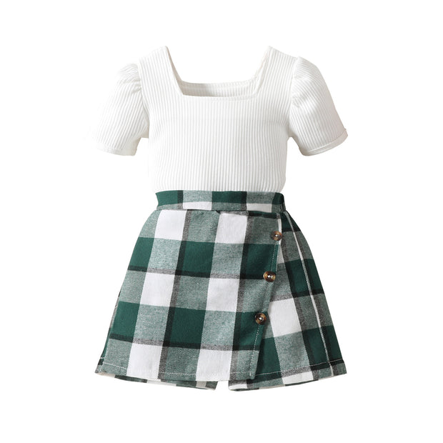 Rib Fabric Puff Short Sleeve Top Irregular Plaid Short Pantskirt Suit