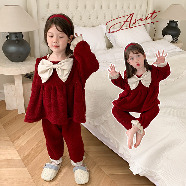 Coral Velvet Princess Little Girl Home Service Two-piece Suit