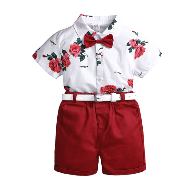 2pcs Summer Baby Set Flower Short Sleeve Polo Shirt With Red Shorts